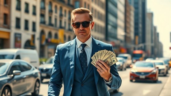 Confident man holding cash, illustrating psychology of wealth.