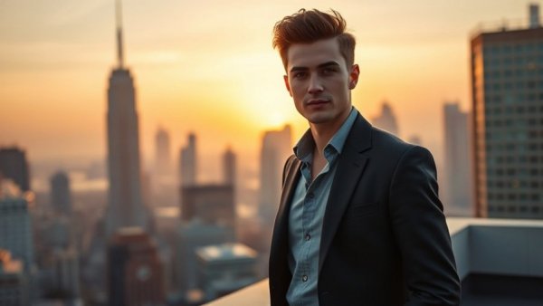 Confident young man on rooftop overlooking cityscape, entrepreneur journey