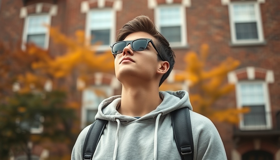 Young man exuding confidence in front of a brick building during fall.