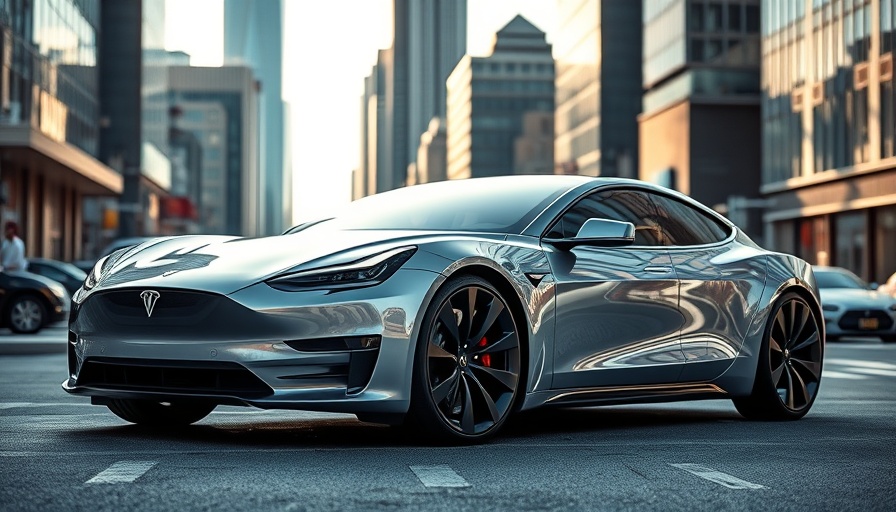 Futuristic Tesla car in cityscape, Trillion-Dollar Tesla Package.