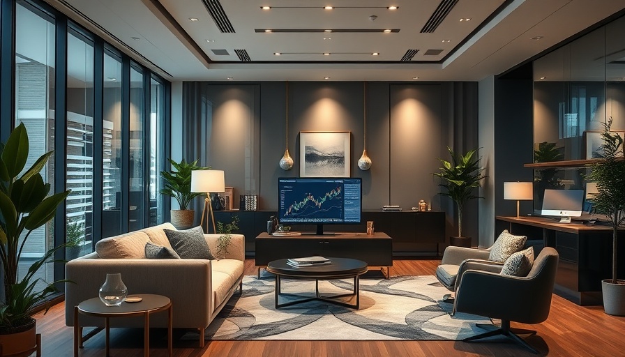 Modern office with Haverty furniture, market analysis scene.