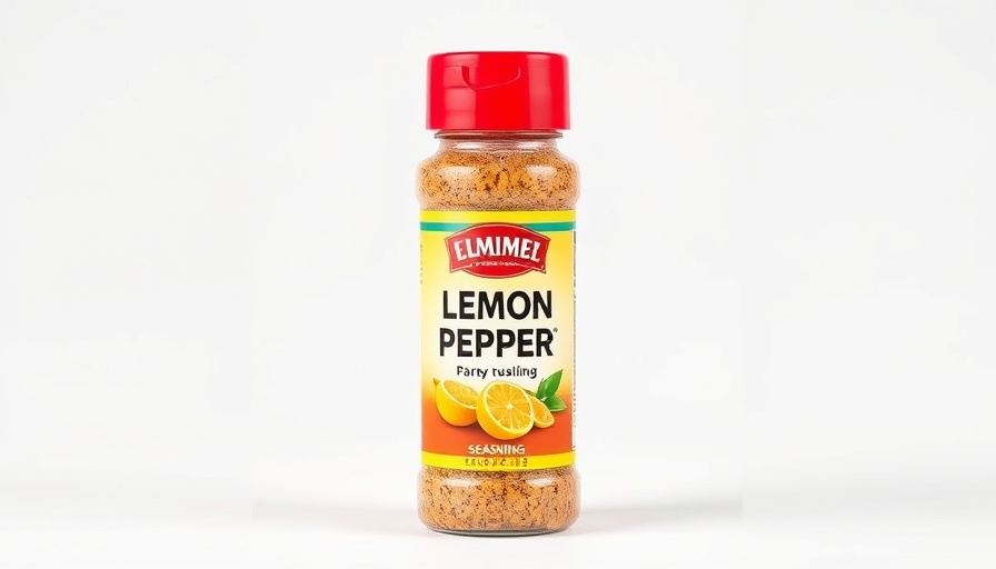 Vibrant lemon pepper seasoning bottle against white backdrop