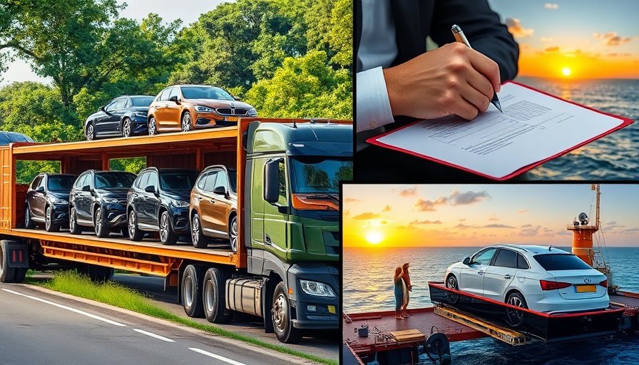 Car relocation to the Caribbean: truck with cars, paperwork, sunset, luxury SUV.