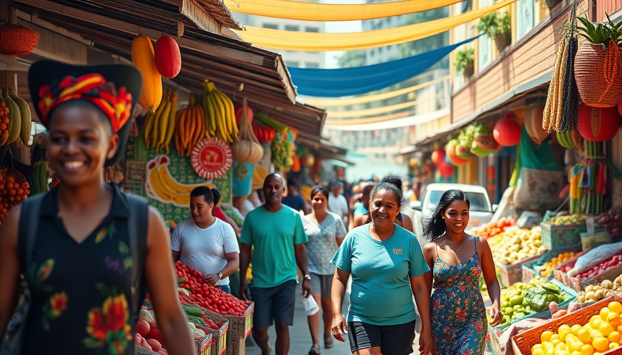 Vibrant Caribbean market scene with fresh produce and lively shoppers