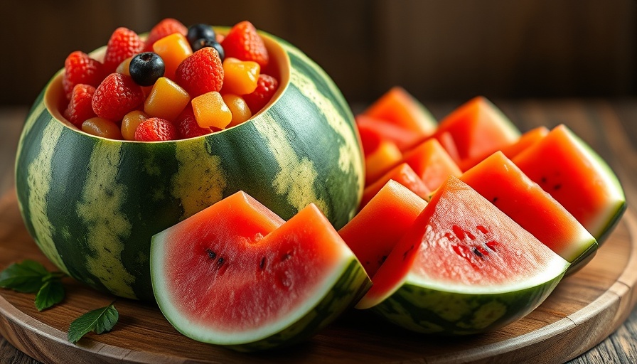 Watermelon Cake Carving with fruit garnish, vibrant setup.