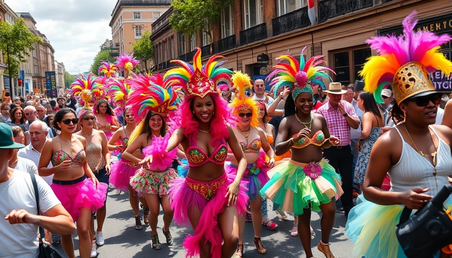 Vibrant Notting Hill Carnival parade, participants in colorful costumes dancing joyfully.