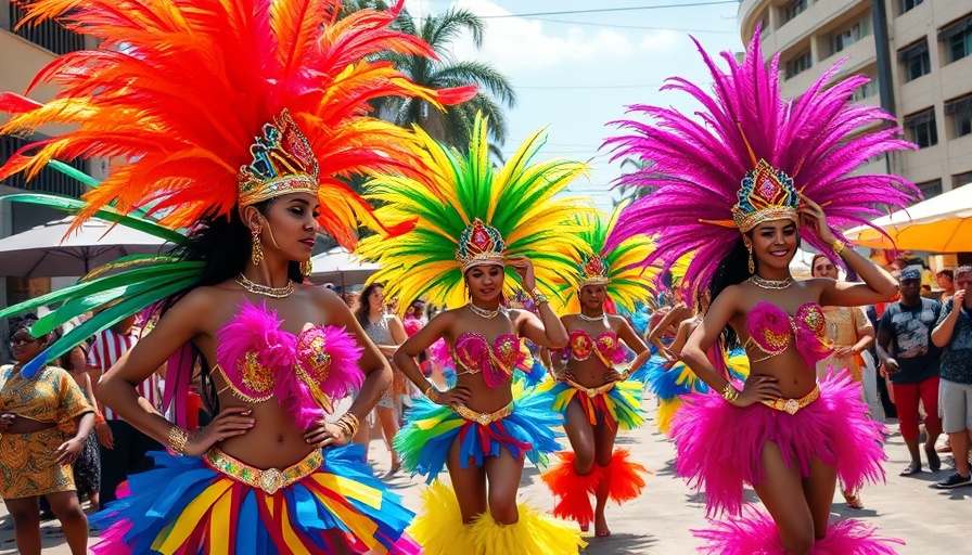 Vibrant Caribbean carnival dancers in feathered costumes.