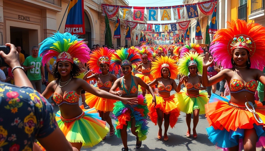 A vibrant scene at the Antigua Carnival parade with colorful costumes and festive energy.