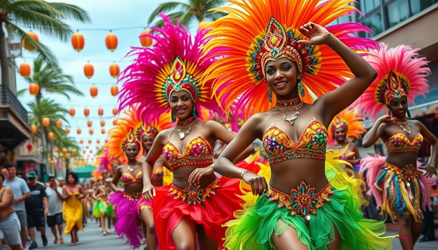 Vibrant Caribbean carnival dancers in colorful costumes parade