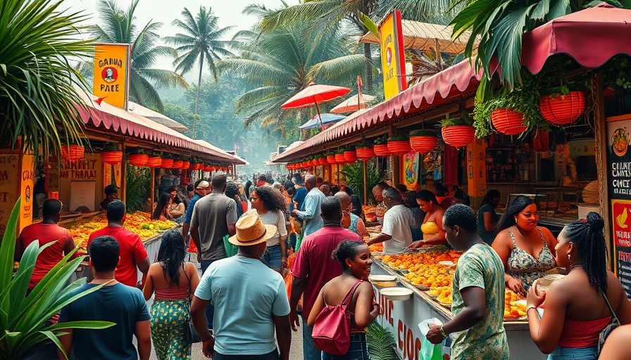 Colorful Caribbean food festival with joyful crowd and traditional dishes.