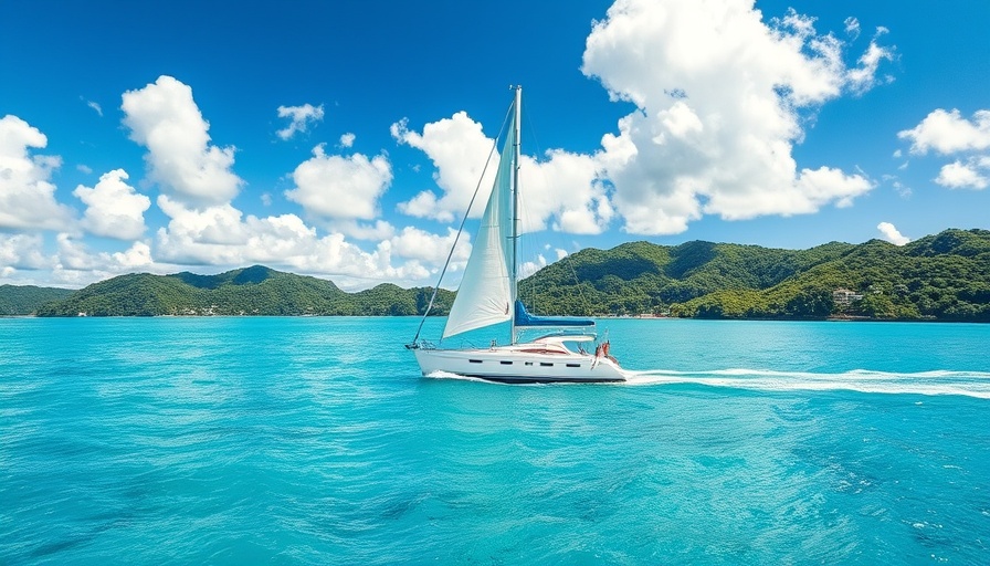 Sailing in Antigua with a boat and lush hills under a blue sky.