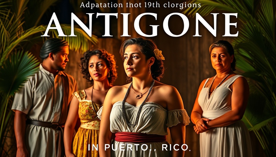 Antigone adaptation Puerto Rico poster with tropical theme.