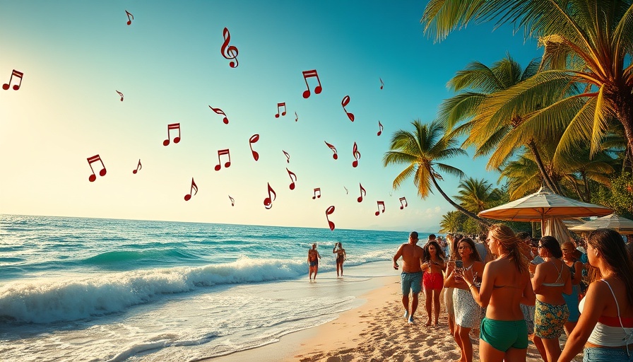 Vibrant Caribbean beach scene with music notes celebrating 2025 releases