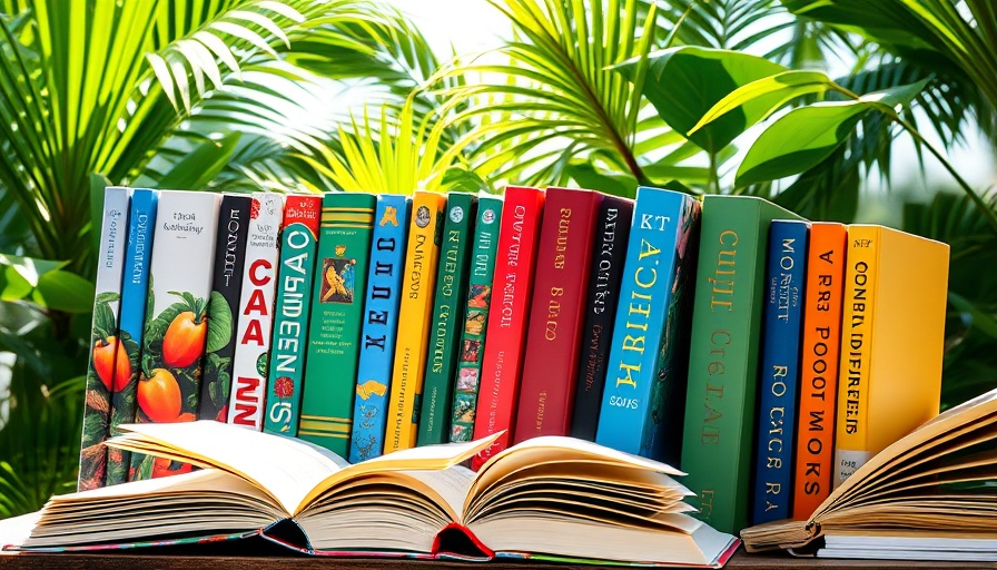Colorful Caribbean literature books in tropical setting.