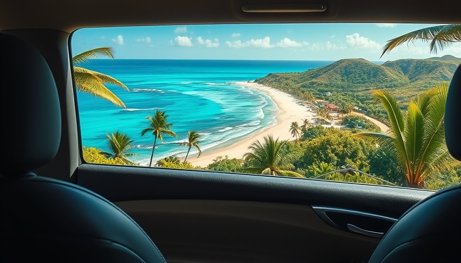 Car view of turquoise Caribbean beach, Caribbean car rentals scenery.