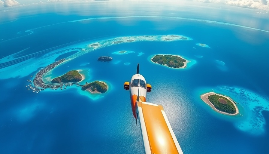 Aerial view of plane over Caribbean isles, exploring untouched beauty.