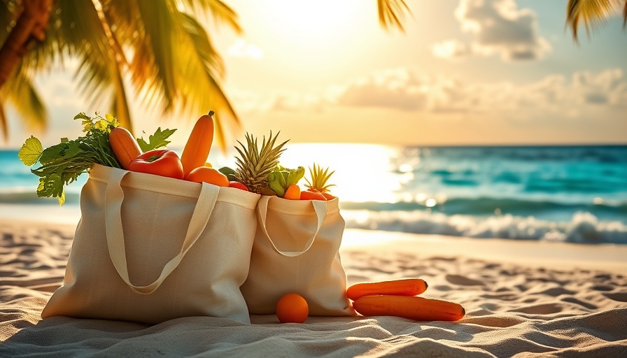 Aruba plastic bag ban concept with reusable bags on a beach.