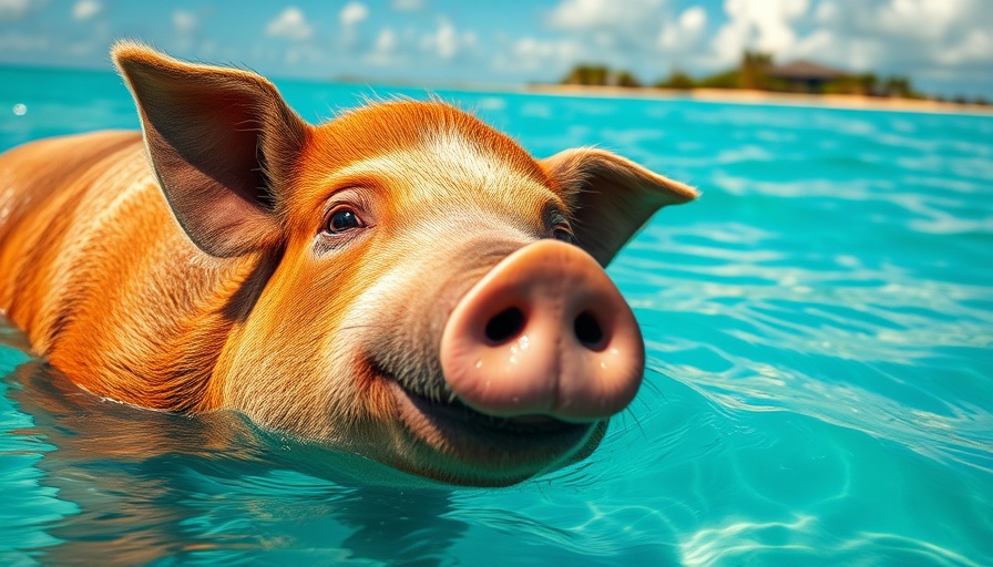 Experience Pig Beach Adventures with a pig swimming in turquoise water.