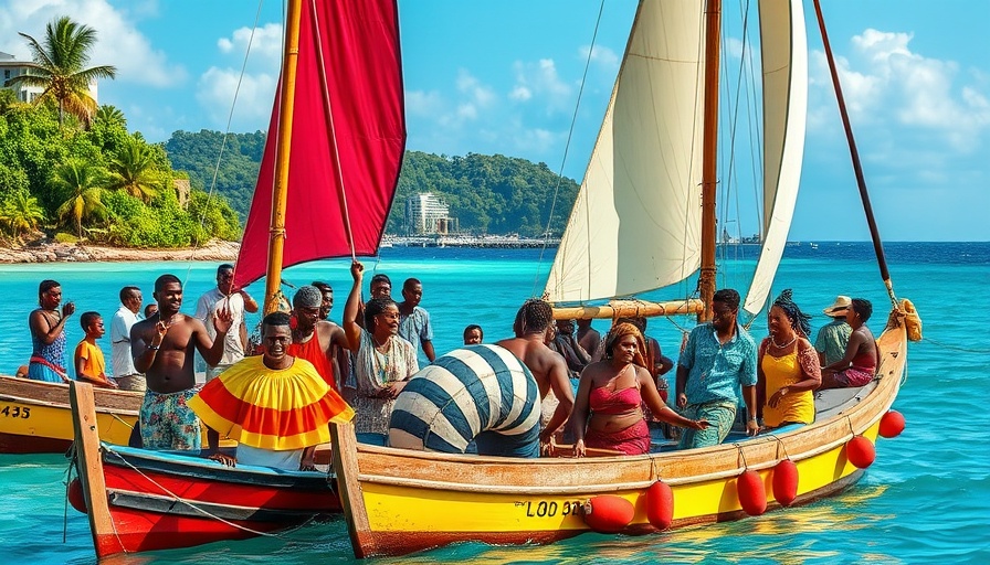 Vibrant Caribbean boats scene celebrating post-narrative futures.