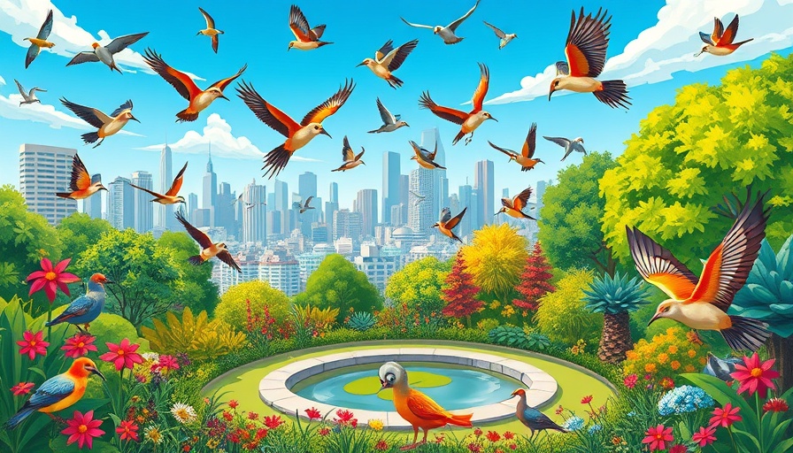 Illustrated urban habitat for migratory birds in vibrant colors