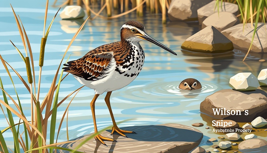 Illustrated Wilson's Snipe by water edge for bird protection awareness.