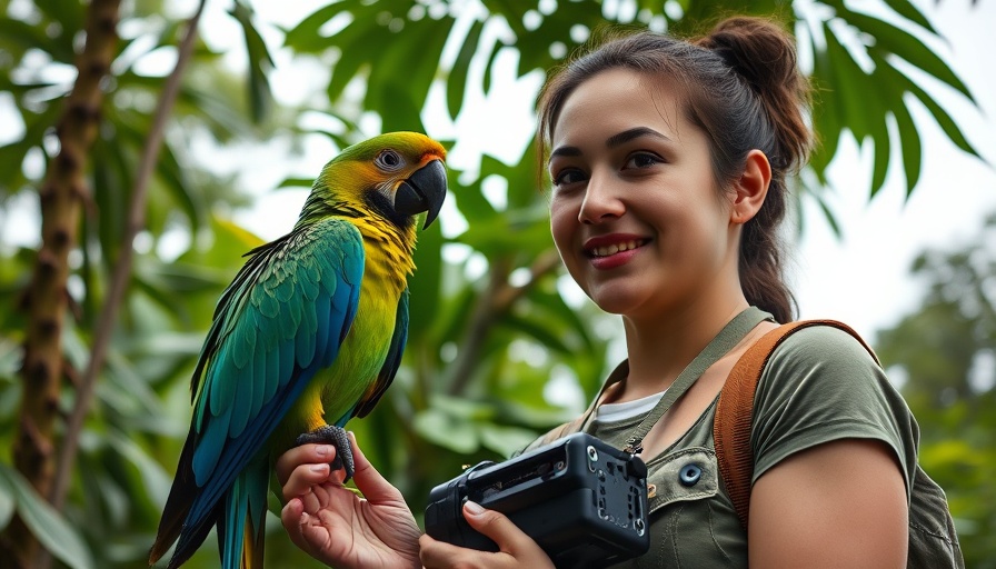 Woman engaged in parrot conservation training using tracking equipment in a forest.