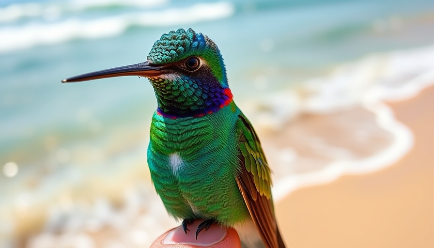 Vibrant Caribbean hummingbird perched on fingers by the sea, ornithological insights from the Caribbean.