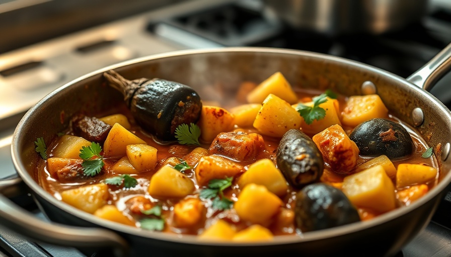 Aromatic vegan curry with eggplant and potato in a pan on a stove.