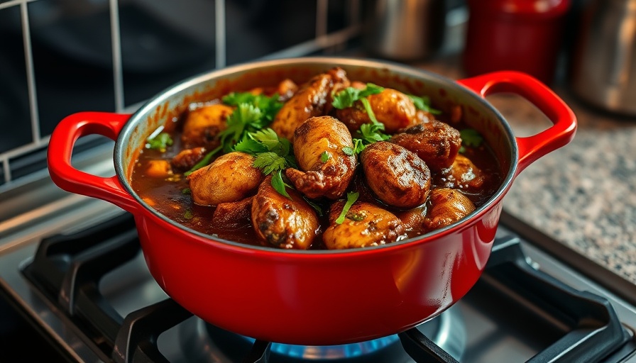 Bhagi With Ochro and Stewed Chicken in a red pot on a stove.