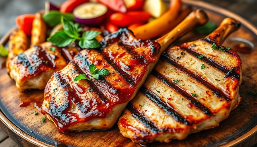 Plate of lemongrass grilled chicken and pork chops with vegetables.