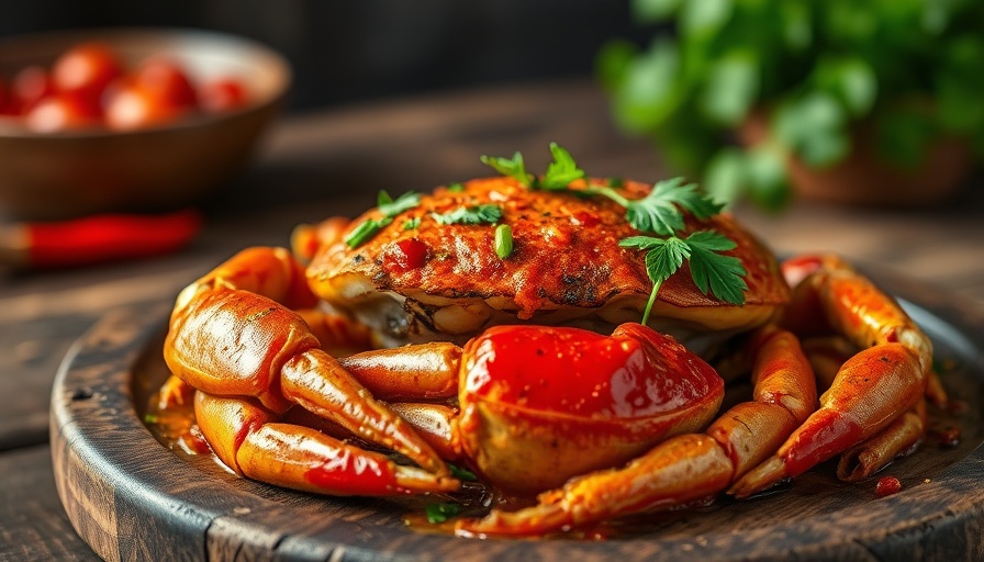Pepper crab recipe dish with fresh herbs on rustic table.