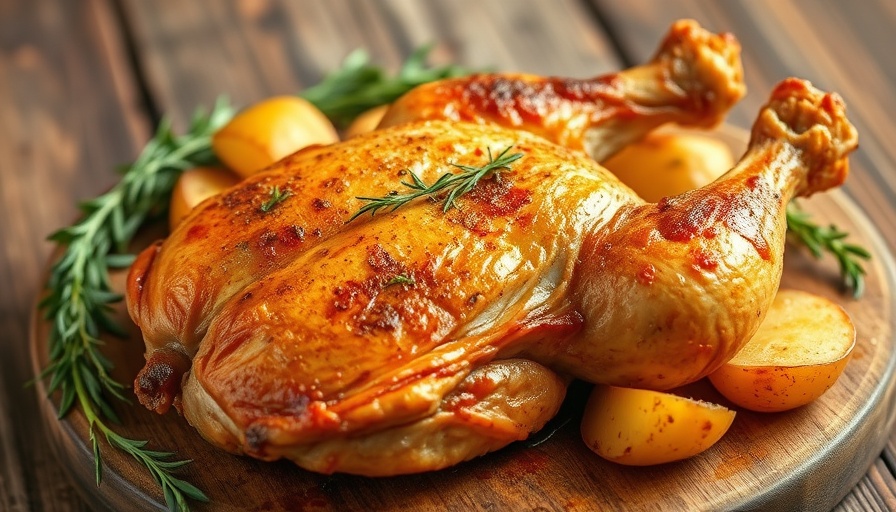 Golden baked chicken with crispy potatoes on wooden table.