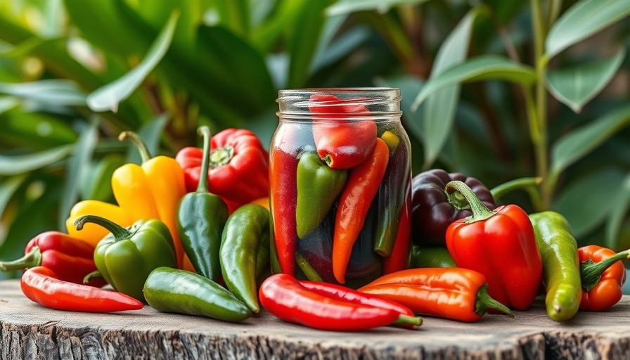 Colorful Caribbean peppers in a homemade pickle jar on rustic table.