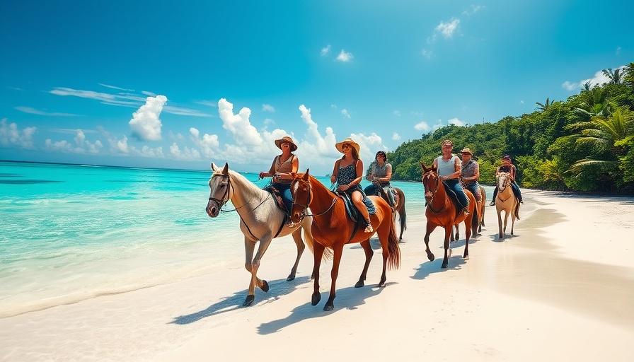 Tourists horse riding in Caribbean waters, showcasing travel opportunities.
