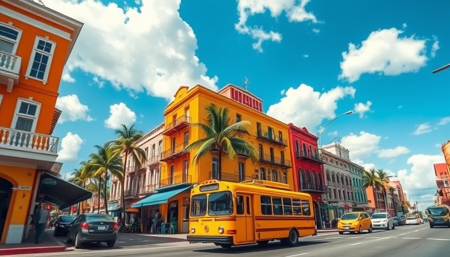 Vibrant Caribbean street in Barbados with colorful buildings and bus.