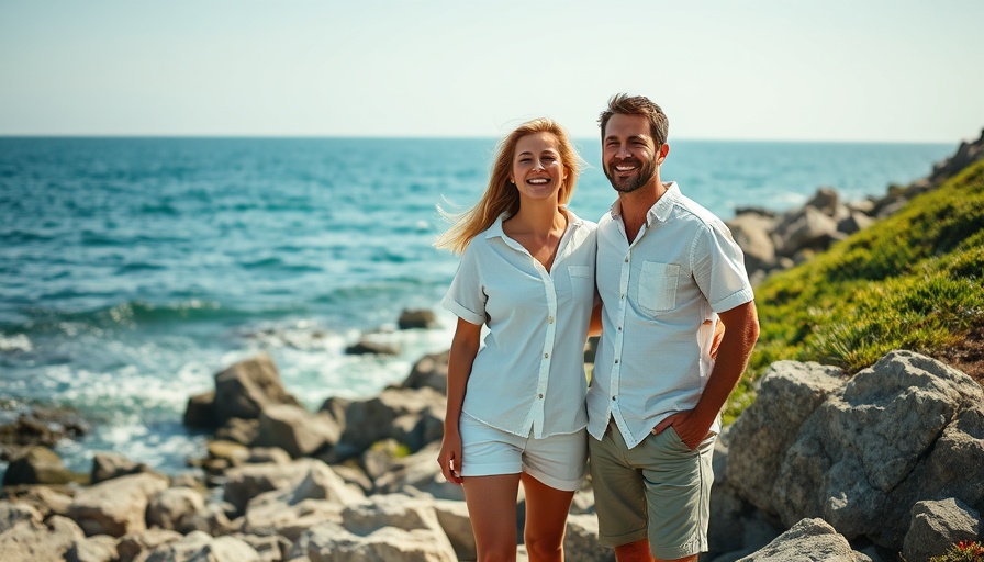 Joyful pair enjoying a day by the ocean in cotton attire.