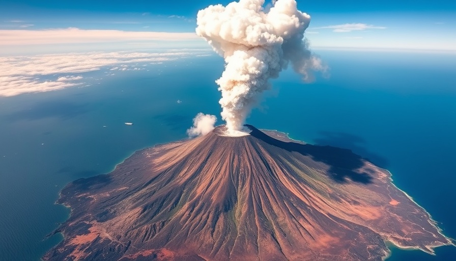 Aerial view of Volcano of Montserrat with smoke and coastline.