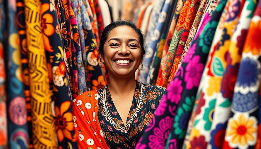 Designer among colorful fabrics, smiling in store, vibrant textile display.