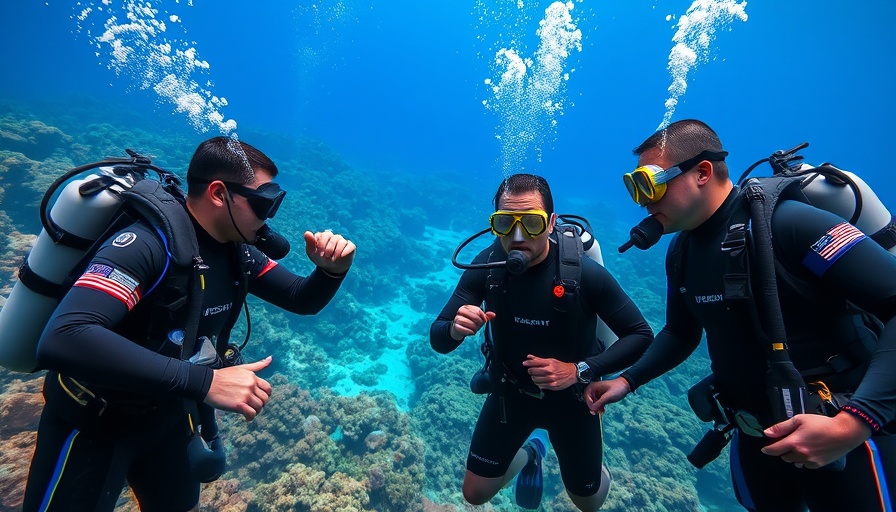 Three divers exploring engagingly underwater in the BVI's clear waters.