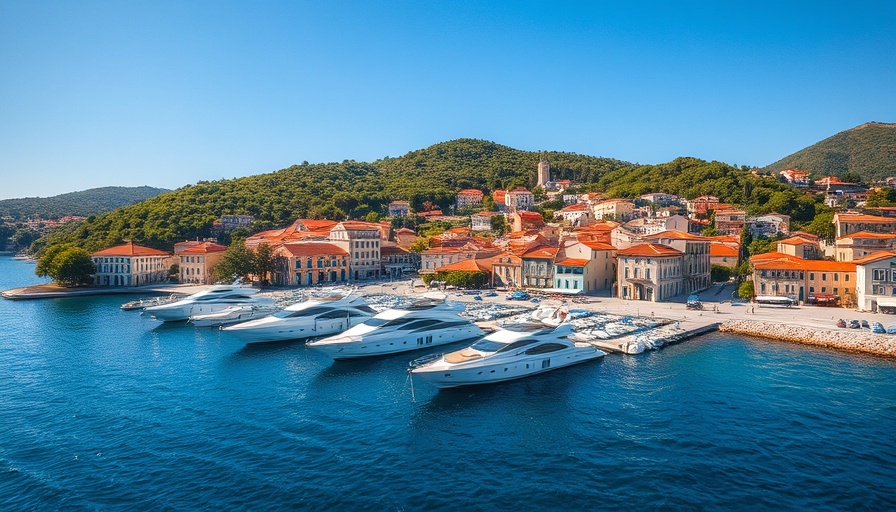 Aerial view of picturesque Greek harbor town with charter yachts.