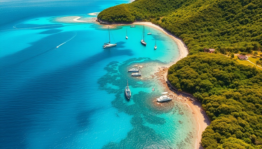 Aerial view of Virgin Gorda showing turquoise waters and sailboats.