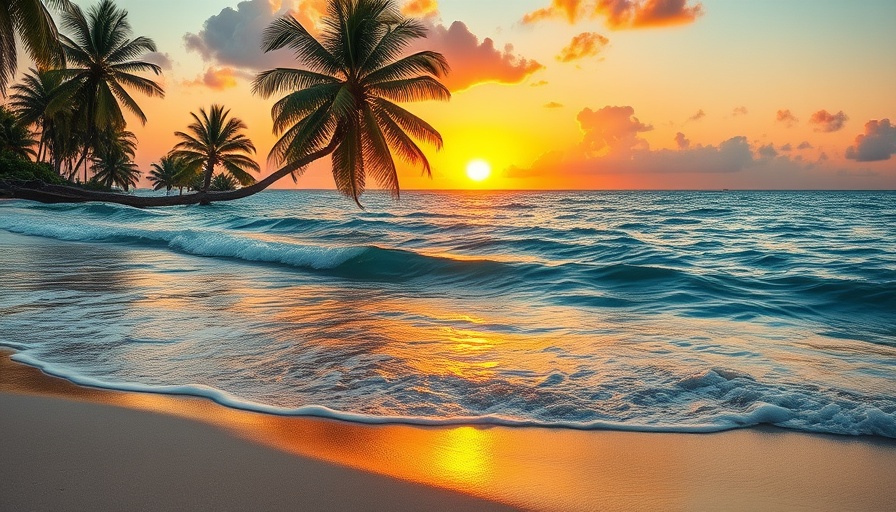 Idyllic Caribbean island beach at sunset in October.