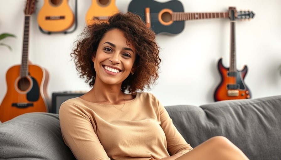 Woman enjoying new film soundtracks with guitar in the background.