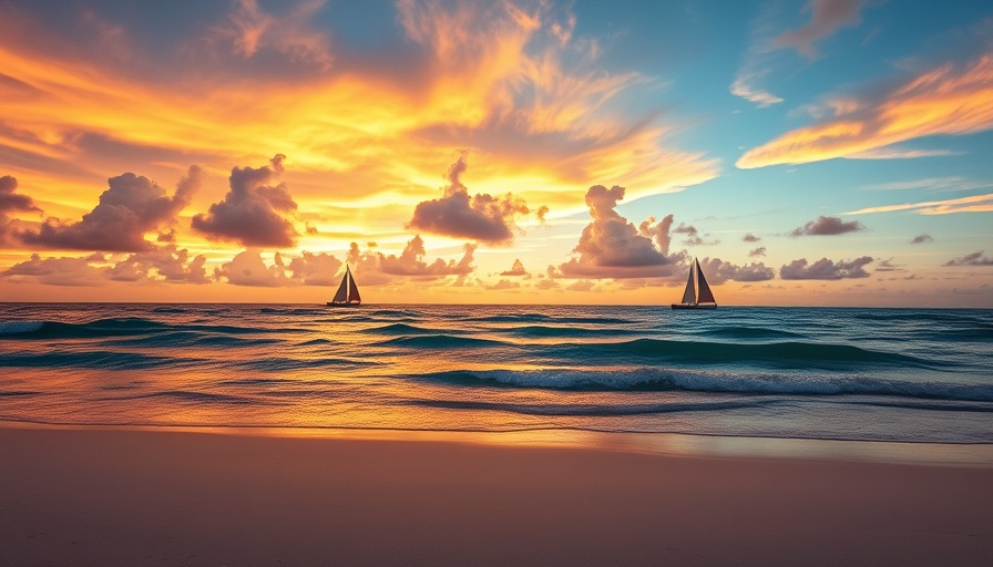 Beautiful Barbados beach destination at sunset with sailboats.