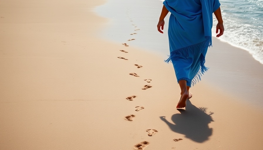 Person walking on beach with footprints, raise your frequency.