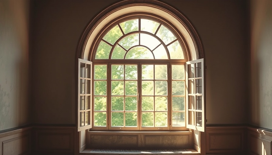 Visit Fairfield House: serene view from arched window with greenery.