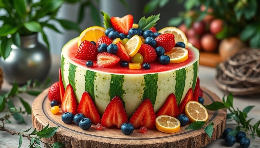 Vibrant watermelon cake carving with fresh fruits.