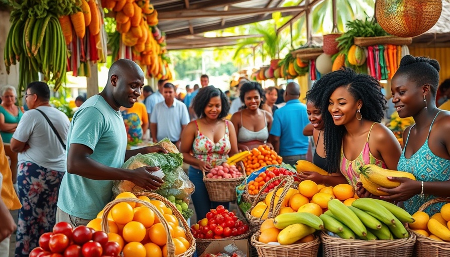 Caribbean Community Markets bustling with vibrant produce and shoppers.