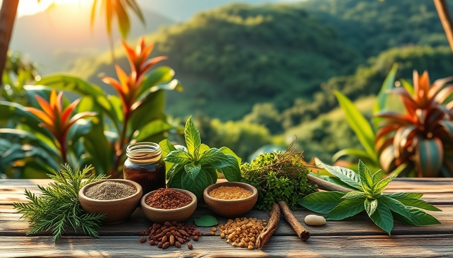Caribbean herbs and spices on wooden table in lush environment.