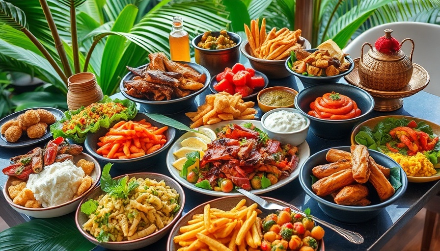 Vibrant Caribbean dishes representing migration influence, tropical setting.